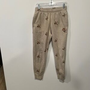 Nike All Over Logo Print Jogger Sweatpants Tan Brown Men's Size Small